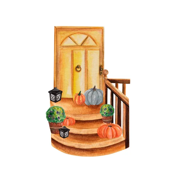 Watercolor Design Front Door Decoration Wooden Ladder Lanterns Potted Flowers — Stock Photo, Image