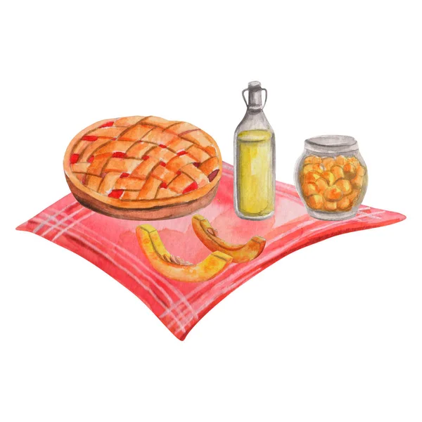 Akvarelové Složení Jablečného Koláče Konzervované Jídlo Piknikovém Ubrousku Jídlo Eco — Stock fotografie