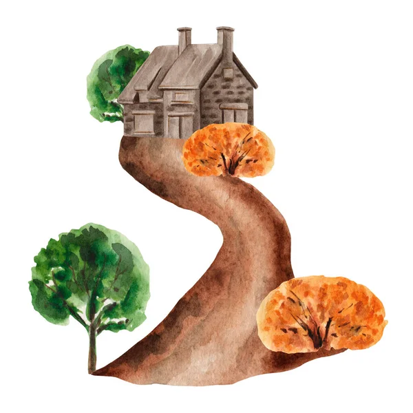 Dekoracje Wiejskie Akwarela Kompozycja Kamiennego Budynku Drzew Krzewów Ścieżka Jesienny — Zdjęcie stockowe
