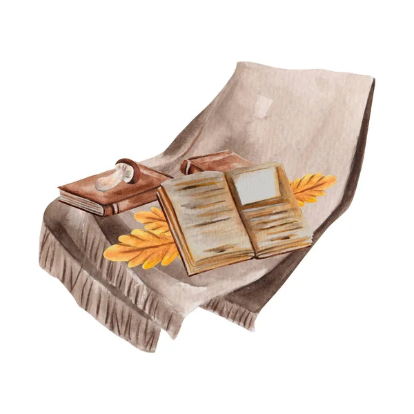 Watercolor Composition Blanket Books Oak Leaves Mushroom Cozy Autumn Greeting — Stock Photo, Image