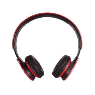 Wireless stereo headphones in red and black colors on a white isolated background