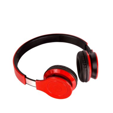 Wireless stereo headphones in red and black colors on a white isolated background