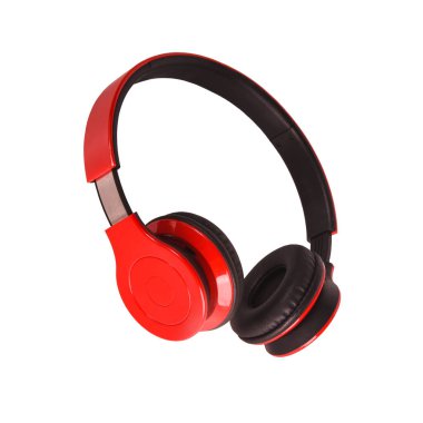 Wireless stereo headphones in red and black colors on a white isolated background