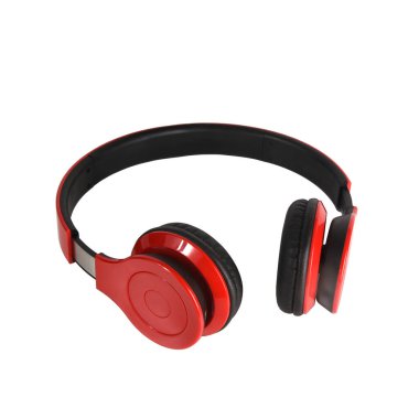 Wireless stereo headphones in red and black colors on a white isolated background