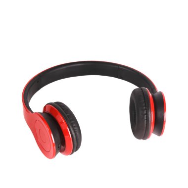 Wireless stereo headphones in red and black colors on a white isolated background