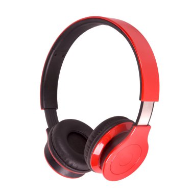 Wireless stereo headphones in red and black colors on a white isolated background