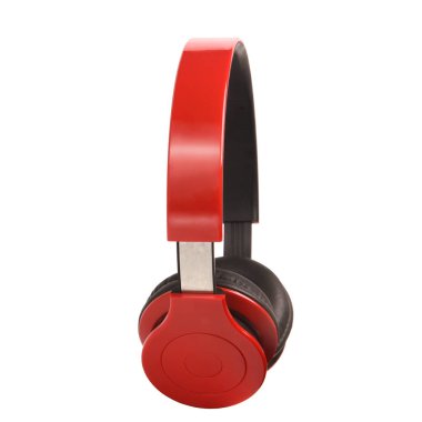 Wireless stereo headphones in red and black colors on a white isolated background