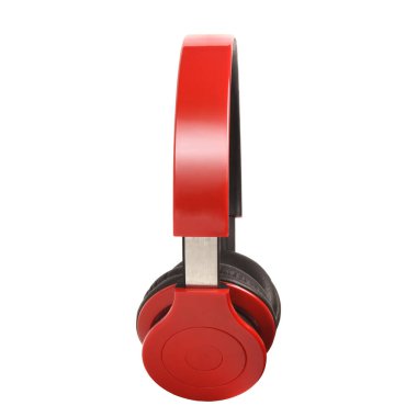 Wireless stereo headphones in red and black colors on a white isolated background