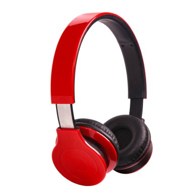 Wireless stereo headphones in red and black colors on a white isolated background