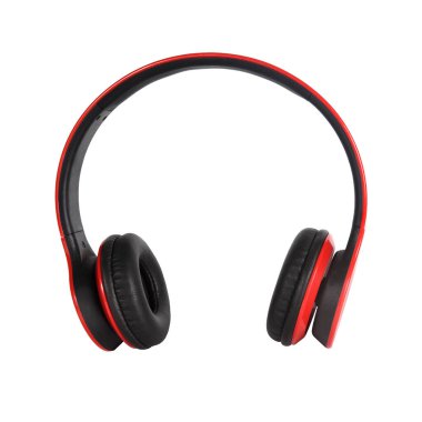 Wireless stereo headphones in red and black colors on a white isolated background