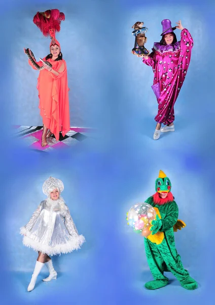 Collage Wirbt Für Kinderzirkusvorstellung Mit Dressierten Tieren Clowns Schneemädchen Zauberin — Stockfoto