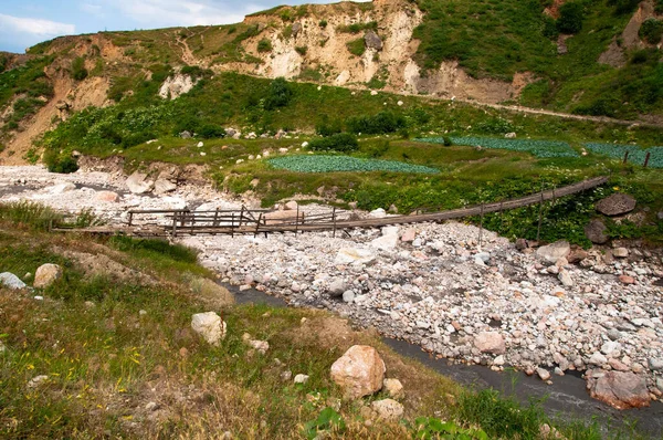 山の中の川にかかる古い木製の橋 — ストック写真