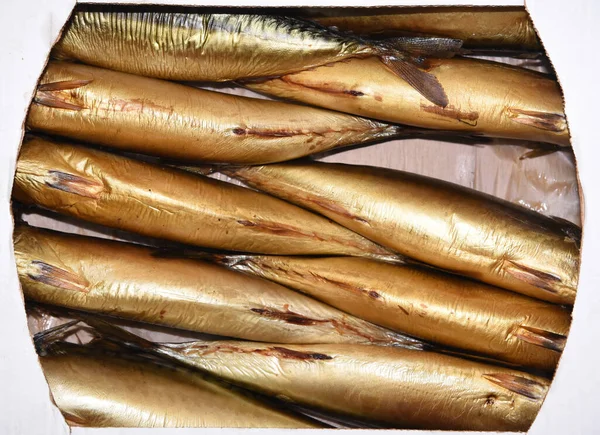 Golden Smoked Fish Texture Background Box — Stock Photo, Image