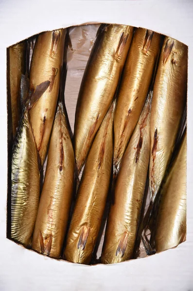 Fondo Textura Pescado Ahumado Dorado Caja — Foto de Stock