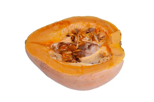 Calabaza Naranja Cortada Por Mitad Con Semillas Sobre Fondo Blanco —  Fotos de Stock