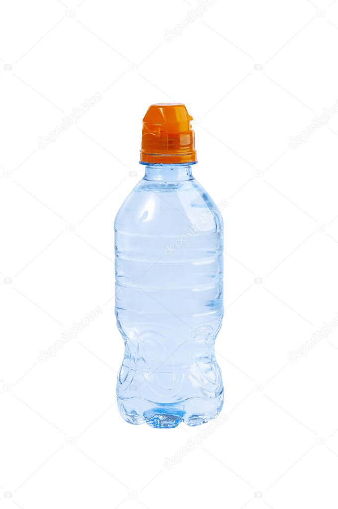 Plastic bottle with drinking water and orange cap on a white isolated background