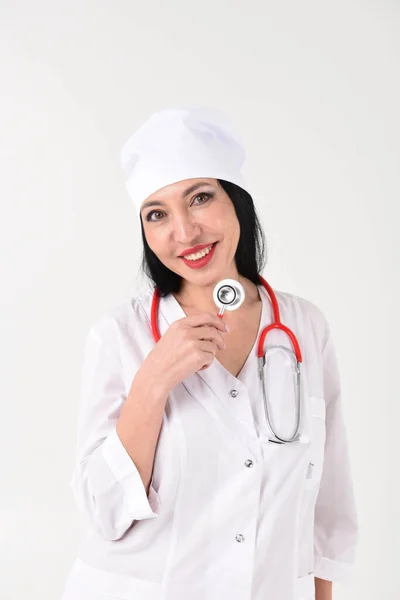 Female Therapist Stethoscope Clinic White Background — Stock Photo, Image