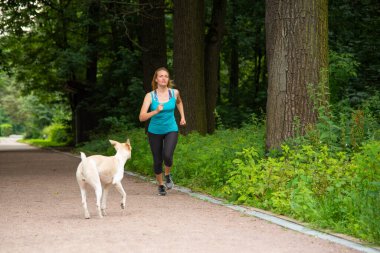 Yazın bir köpekle parkta koşuşturan güzel kız.