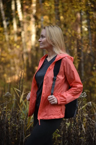 Beautiful Blonde Walks Autumn Forest — Stock Photo, Image