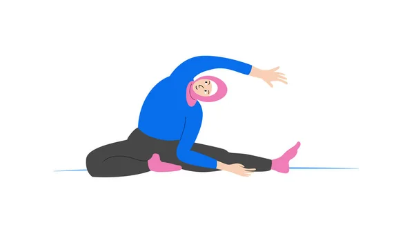 Mulher muçulmana fazendo exercício de ioga. Aptidão desportiva para mulheres no hijab. Corpo ilustração conceito positivo — Vetor de Stock