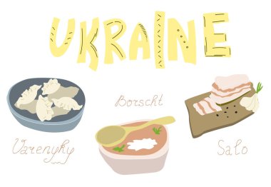 Ukrayna 'nın geleneksel yemekleri. Varenyky, borscht, pork salo içeren vektör çizimleri