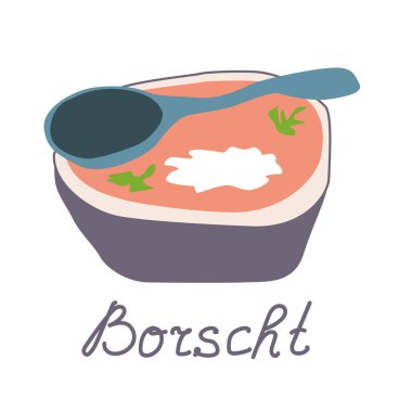 Ukrayna borşundan. Geleneksel çorbalı bir kase. Vektör illüstrasyonu.