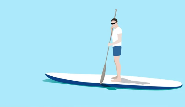 Young man standing on sup board floating in sea in sunny day. Tourist learning to paddle and balance on paddle board. — стоковый вектор