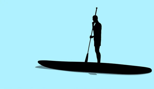 Silueta Los Jóvenes Sup Board Flotando Mar Paisaje Marino Estilo — Vector de stock