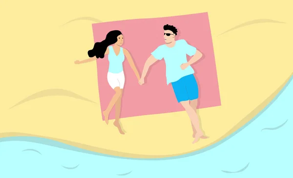 Junges Paar Mann Und Frau Strand Liegend Und Händchen Haltend — Stockvektor