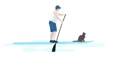 İnsan ve kedi denizde süzülerek sup tahtasının üzerinde duruyorlar. Deniz manzarası, spor yaşam tarzı, açık hava aktiviteleri. Vektör illüstrasyonu