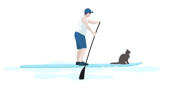 Homem Gato Sobre Prancha Flutuando Mar Paisagem Marinha Estilo Vida —  Vetores de Stock
