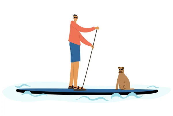 Man Dog Standing Sup Board Floating Sea Marine Landscape Sport —  Vetores de Stock
