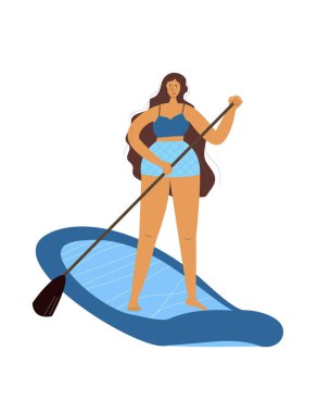 Yemek masasında duran genç Avrupalı kadın, tek renkli arka plan, sportif yaşam tarzı, su aktivitesi, izole edilmiş. Vektör illüstrasyonu