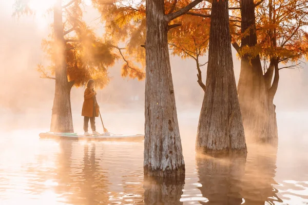 Femme Sur Planche Pagaie Bord Lac Avec Brouillard Arbres Automnaux — Photo