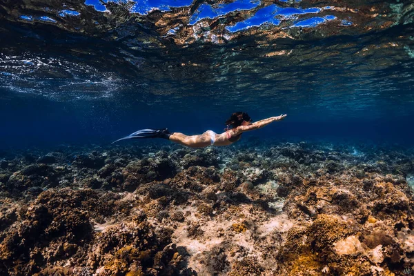 青い海の中でサンゴ礁の上をフィン付きの女性のフリーダイバーが泳ぐ 熱帯海でのフリーダイビング — ストック写真