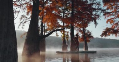 28 Ekim 2021. Anapa, Rusya. Sis ve sonbahar Taxodium ağaçlarıyla gölde kürek çeken bir kadın.