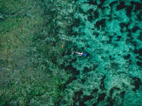 在大海的长板上 冲浪运动员划着桨的空中景观 顶部视图 — 图库照片
