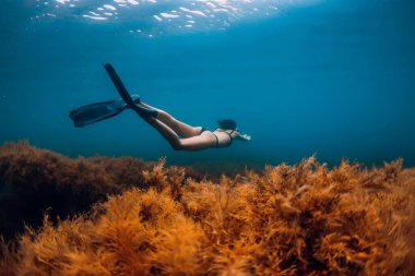 9 Eylül 2021. Anapa, Rusya. Yüzgeçleri suyun altında süzülen bikinili özgür bir kadın. Denizde şnorkelle yüzmek