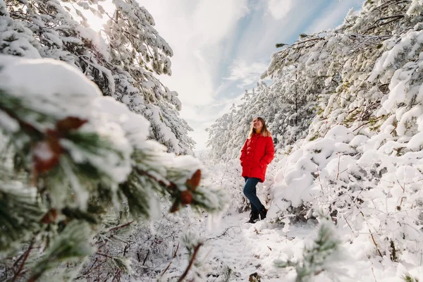Egy Piros Kabátos Áll Havas Fák Között Téli Erdőben Karácsonyi — Stock Fotó