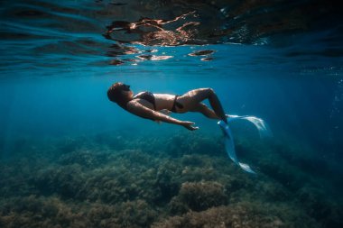 Yüzgeçli serbest dalgıç kadın tropikal okyanusta suyun altında ve yüzeyde süzülüyor..