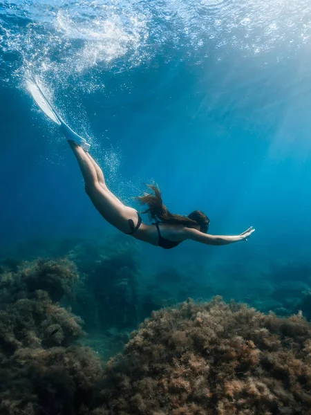 Mulher Mergulhadora Livre Com Barbatanas Mergulhar Subaquático Oceano Cristal — Fotografia de Stock