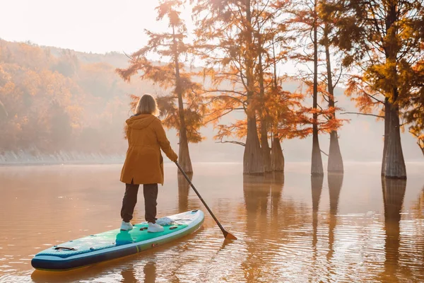 Traveller Woman Stand Paddle Board Lake Taxodium Trees Woman Sup — Stock Photo, Image