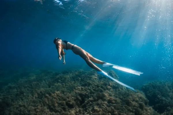 Bezpłatny Nurek Białymi Płetwami Pod Wodą Freediving Młodą Sportową Dziewczyną — Zdjęcie stockowe