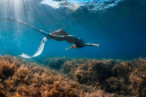 Freitaucher Mit Weißen Flossen Posieren Unter Wasser Freediving Mit Jungen — Stockfoto