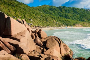 Kayalıklı ve okyanus dalgalı Galheta plajı. Brezilya 'da tatil afişi