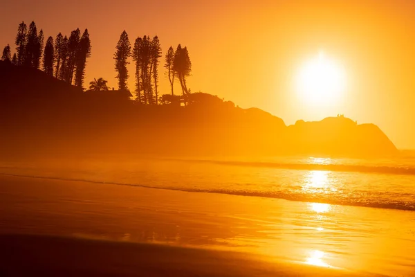 Sunrise Ocean Beach Waves Rocks Trees Joaquina Beach Brazil — Stock Photo, Image