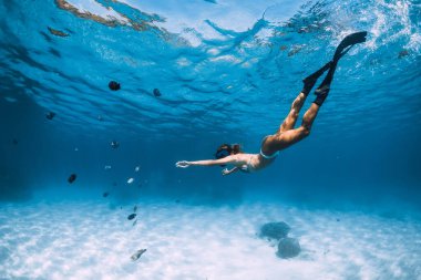 Beauty freediver girl dive with fins in blue tropical ocean with fishes in Hawaii