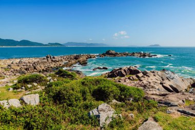 Güneşli bir günde kayalık kıyı şeridi ve okyanus. Brezilya 'da Ponta das Campanhas