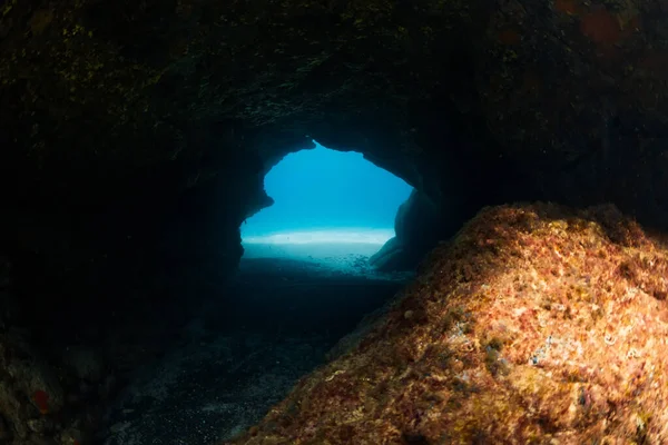 Подводная Сцена Пещерами Голубом Океане Глубине — стоковое фото