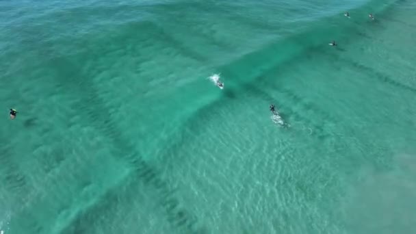 在透明的海洋中冲浪的人乘风破浪 空中景观 — 图库视频影像